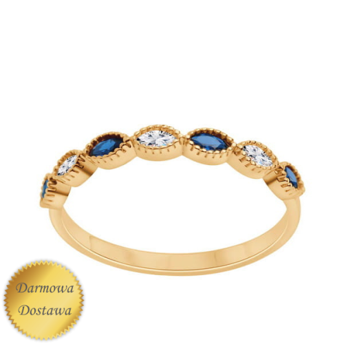Pierścionek złoty z białymi i niebieskimi cyrkoniami