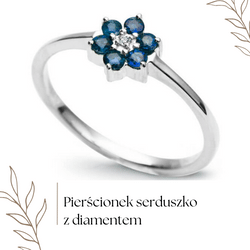 Pierścionek kwiatuszek z diamentem i szafirami